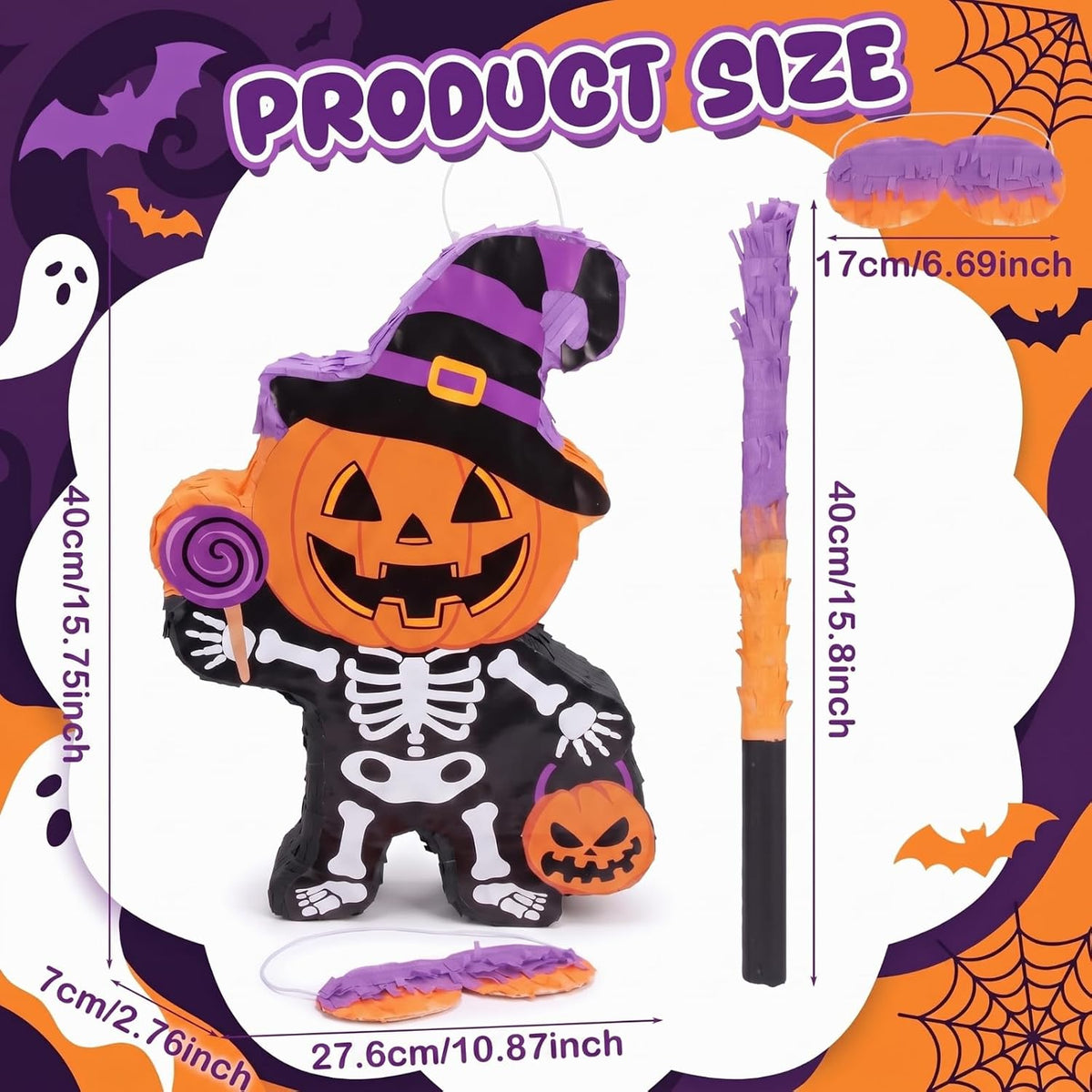Aoriher Halloween skull piñata with bat stick, blindfold and square confetti - view 18