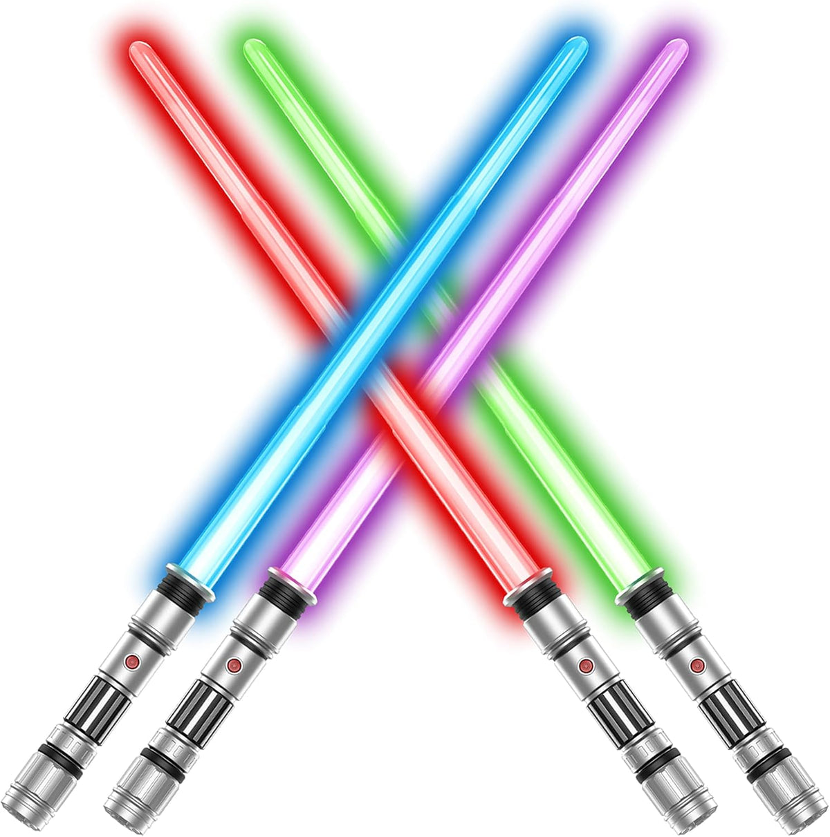 Bakatatoyz 4 pack collapsible light up swords glowing purple, blue, red and green