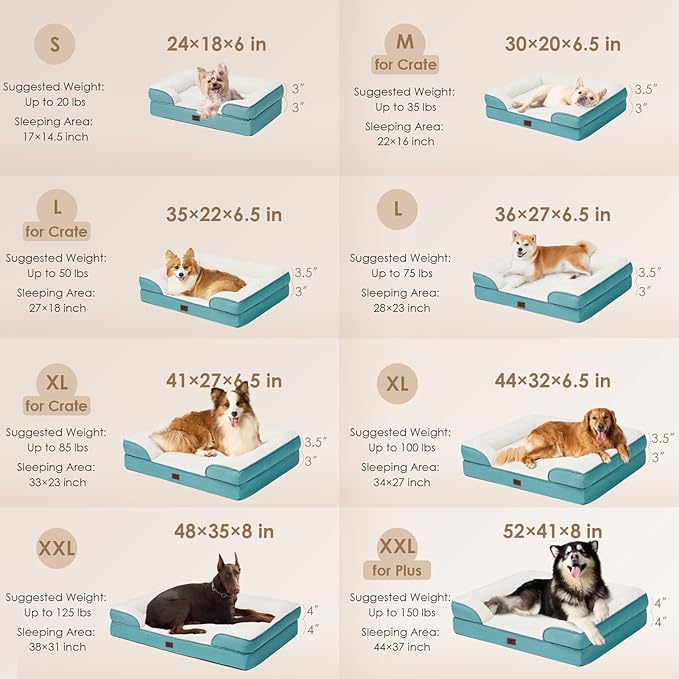 EHEYCIGA Orthopedic Dog Beds for Extra Large Dogs, Waterproof Memory Foam XL Pet Bed with Sides, Non-Slip Bottom and Egg-Crate Foam Big Dog Couch Bed with Washable Removable Cover, Turquoise Blue