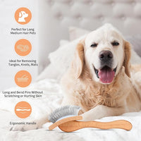 Dog Slicker Brush for Shedding and Grooming Medium or Long Haired Cats, Extra Long & Soft Pin Slicker Brush for Removes Loose Hair, Tangles, Knots, Undercoat, Free Pet Comb, Large, Oak