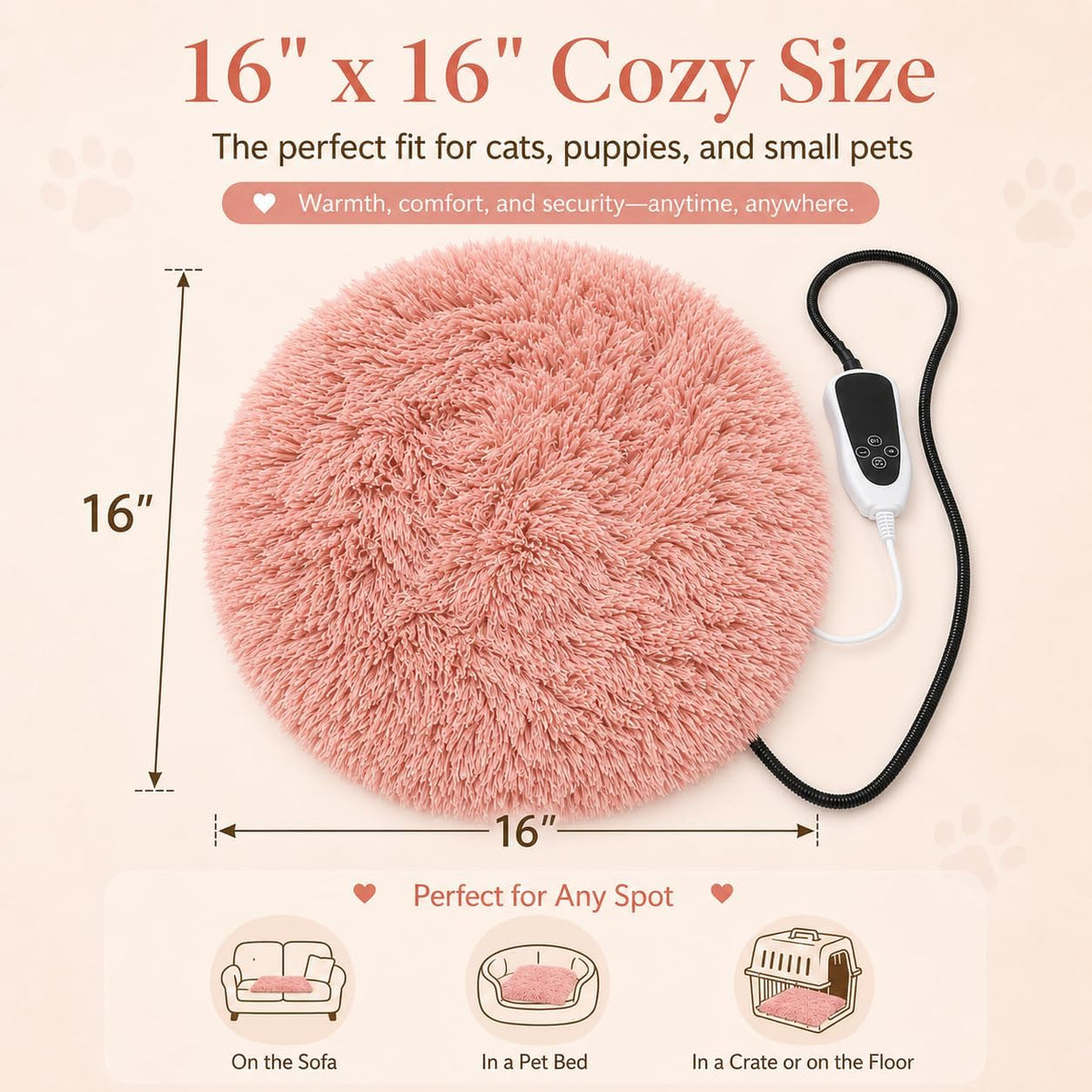 Pet Heating Pad for Cats with Normally Open Function - Pink Plush / Round-16.0"L x 16.0"W - image 2