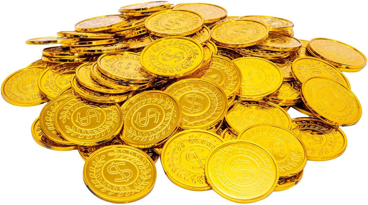 Liatunou 100 piece plastic gold coins, 1.5 inch pirate treasure - view 3