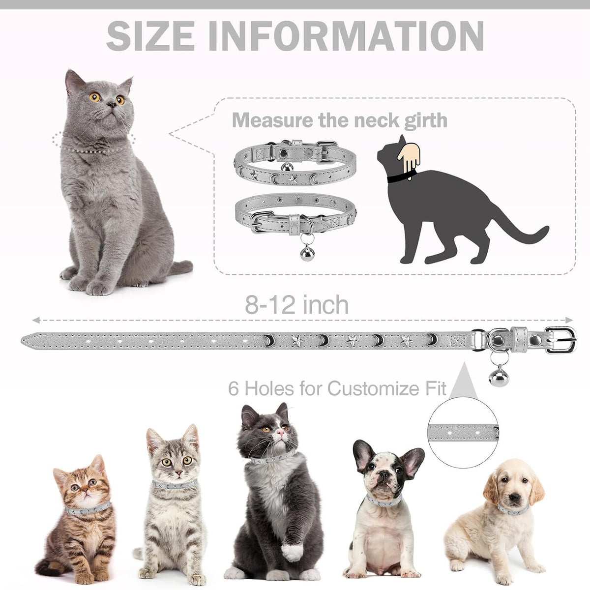 Leather Cat Collar, Breakaway Kitten Collars with Bell, Black – Essentials for Small Pets - Silver Grey_Star & Moon / 7"-9" For Cats(Pack of 1) - image 4