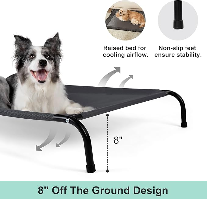 Cooling Elevated Dog Bed for Extra Large Dogs with Non-Slip Floor Protectors & Breathable Mesh, XL Raised Indoor & Outdoor Dog Cot Hammock, 54" L x 35.5" W x 8" Th, X-Large, Grey