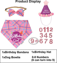 Dog Birthday Hat Bandana Set, Blue Plaid Boy Dog Bandana - Large / Pink Violet Girl - image 3