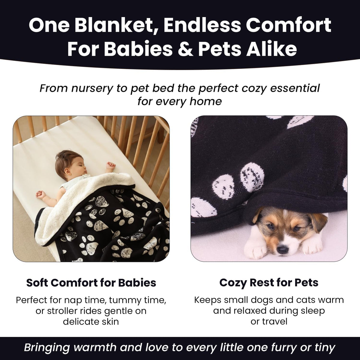 Small Pet Blanket, 100% Organic Cotton - Beige Paw/Black - image 3