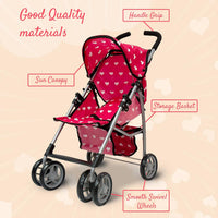 Baby Doll Stroller for Toddler Girls & Big Kids up to 8 Years Old - Pink Hearts - image 4
