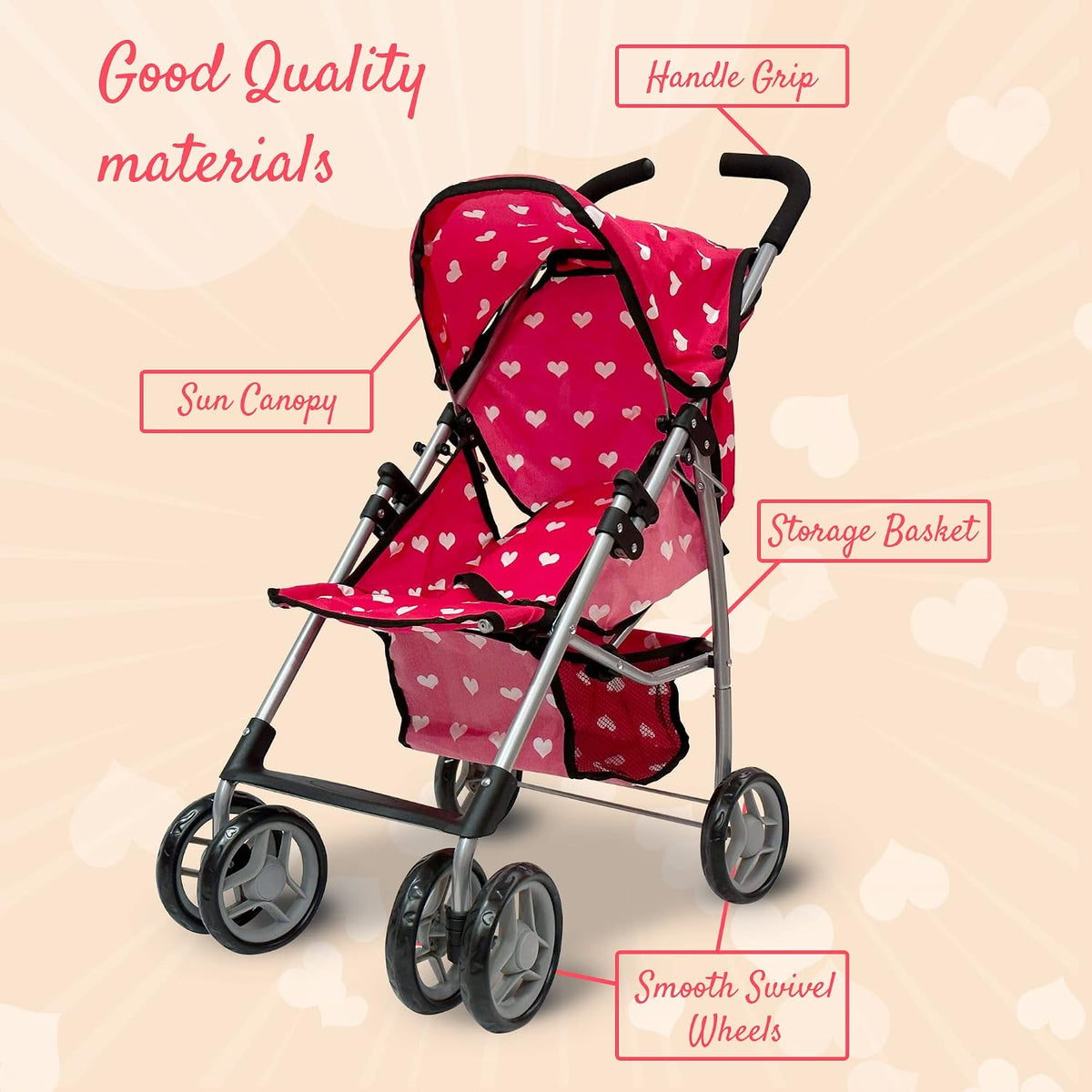 Baby Doll Stroller for Toddler Girls & Big Kids up to 8 Years Old - Pink Hearts - image 4