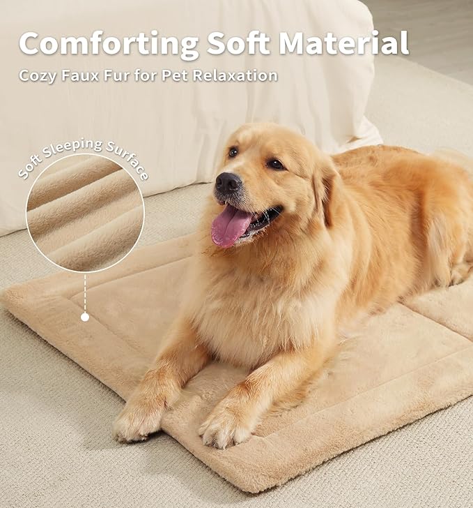 Made4Pets Dog Crate Pad Bed for Medium Large Dogs, Washable & Reversible, Anti-Slip Kennel Mat for Cozy Sleeping, Soft Fluffy Dog Bed for Indoor & Outdoor Use, 35"x23", Khaki