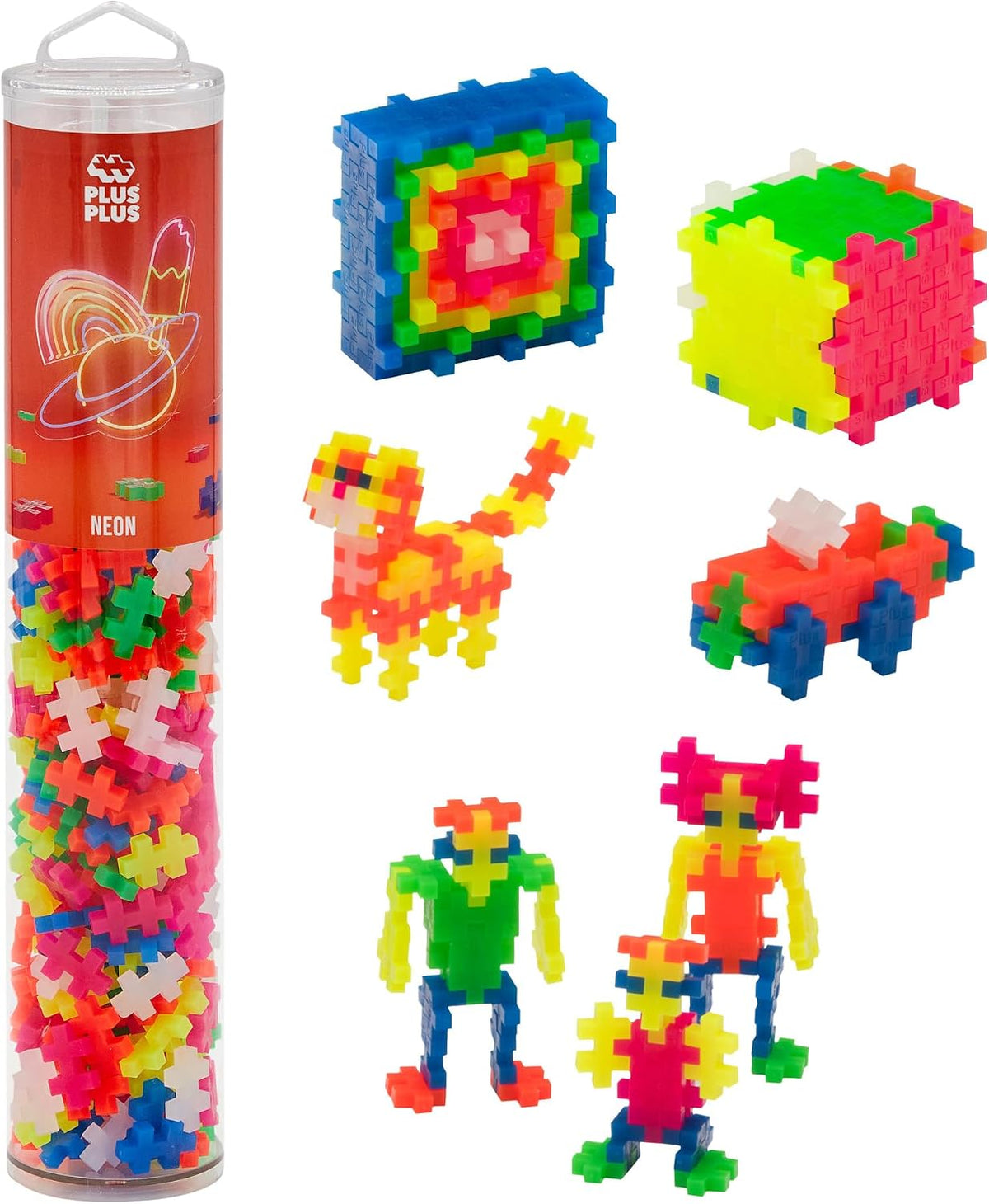 PLUS 240 Piece Glow in the Dark Mix, Mini Waffle Blocks - Neon Mix Play Tube