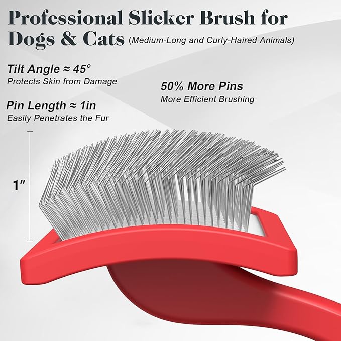 2PCS Slicker Brush for Dogs & Pet Comb,Professional Dog Grooming Brush (Goldendoodles,Poodles,Labradoodles) with Extra Long Pins to Effectively Remove Tangles, Knots and Mats (Red)