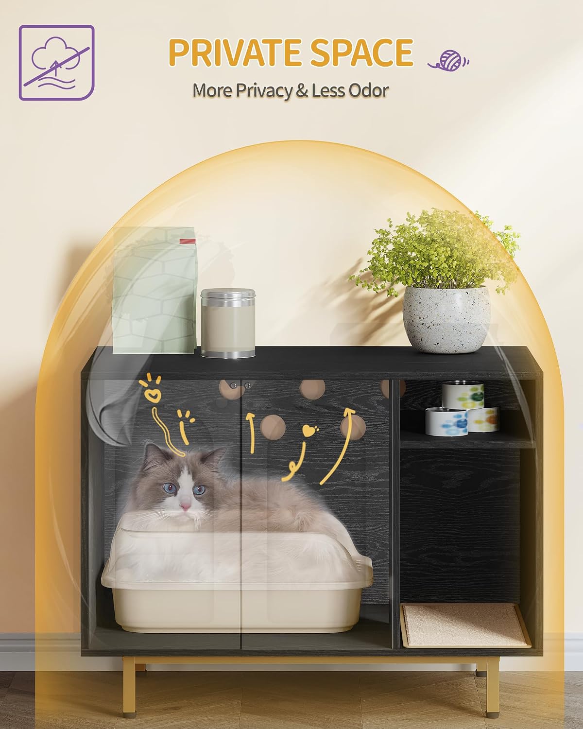 Hzuaneri Cat Litter Box Enclosure - Black and Gold / 31.4"L x 19.6"W x 24"H - image 4
