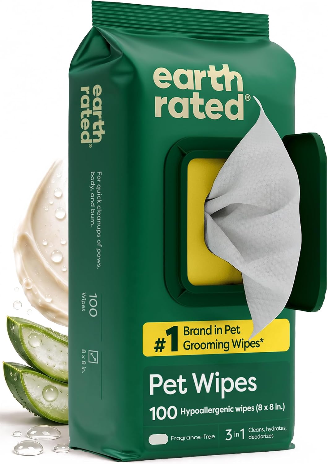 Earth Rated Dog Wipes for Paws & Butt, Deodorizing - Unscented / 100 Grooming Wipes