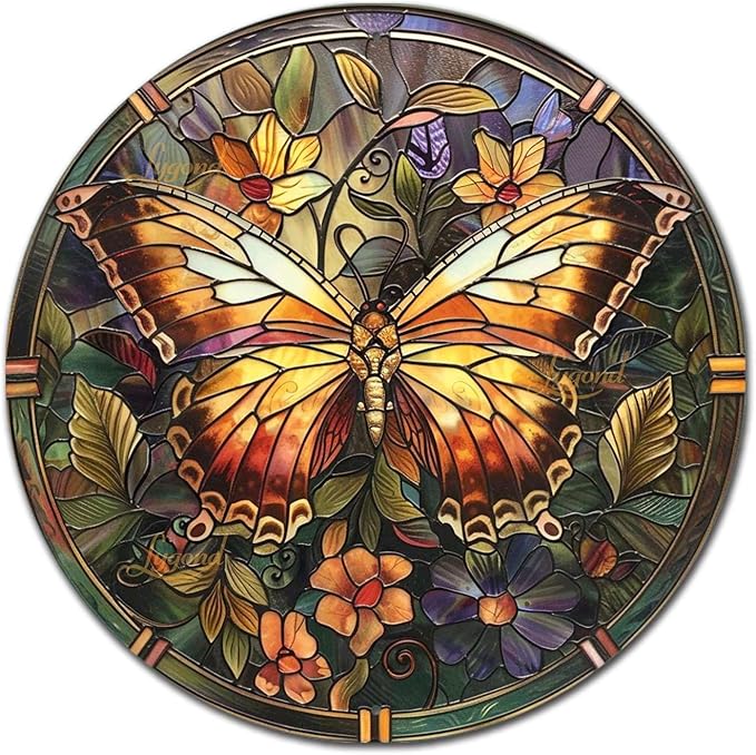 Lygond Metal Sign Tin Sign Circular Stained Glass Butterfly Wall Art for Club 12×12 Inches
