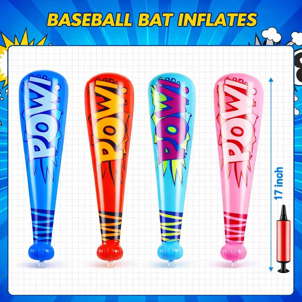 WILLBOND 18 pack 17 inch inflatable baseball bats in red, pink, blue and light blue with pump - view 15
