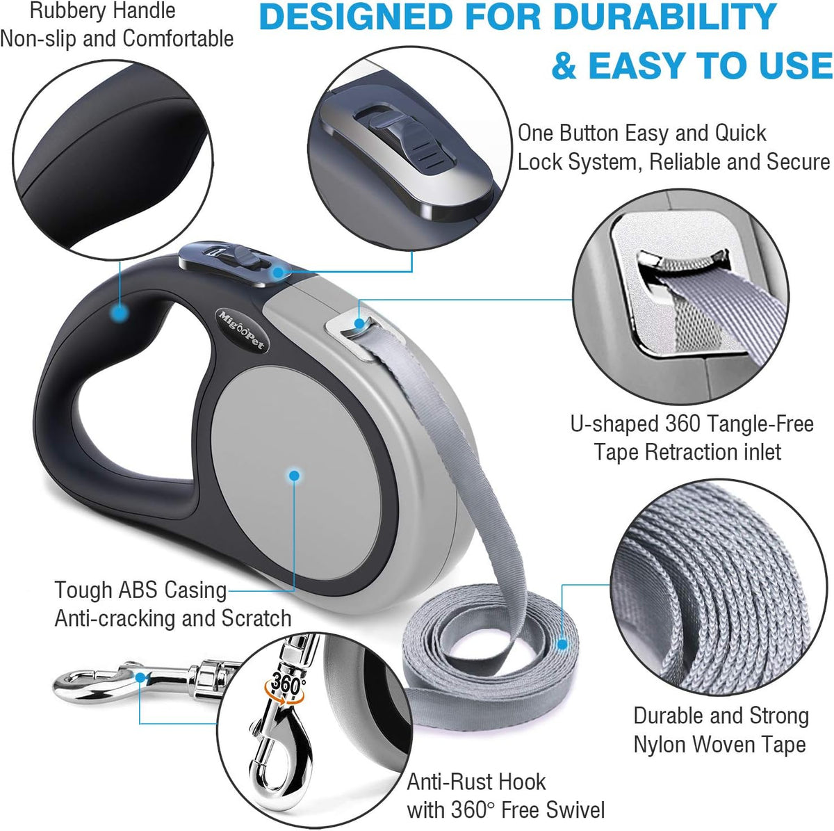 Heavy Duty Retractable Dog Leash-16ft Strong & Durable Walking Leash - Grey / Small/Medium - image 4