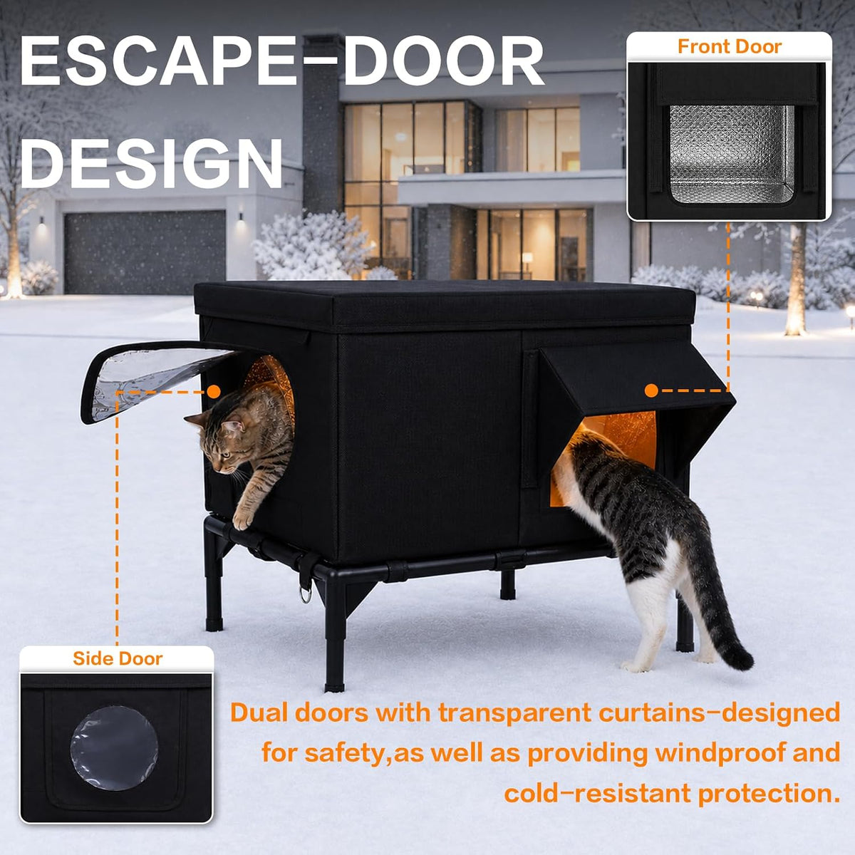 Wn's Day weatherproof heated outdoor cat house with eave, elevated base and escape door - view 4