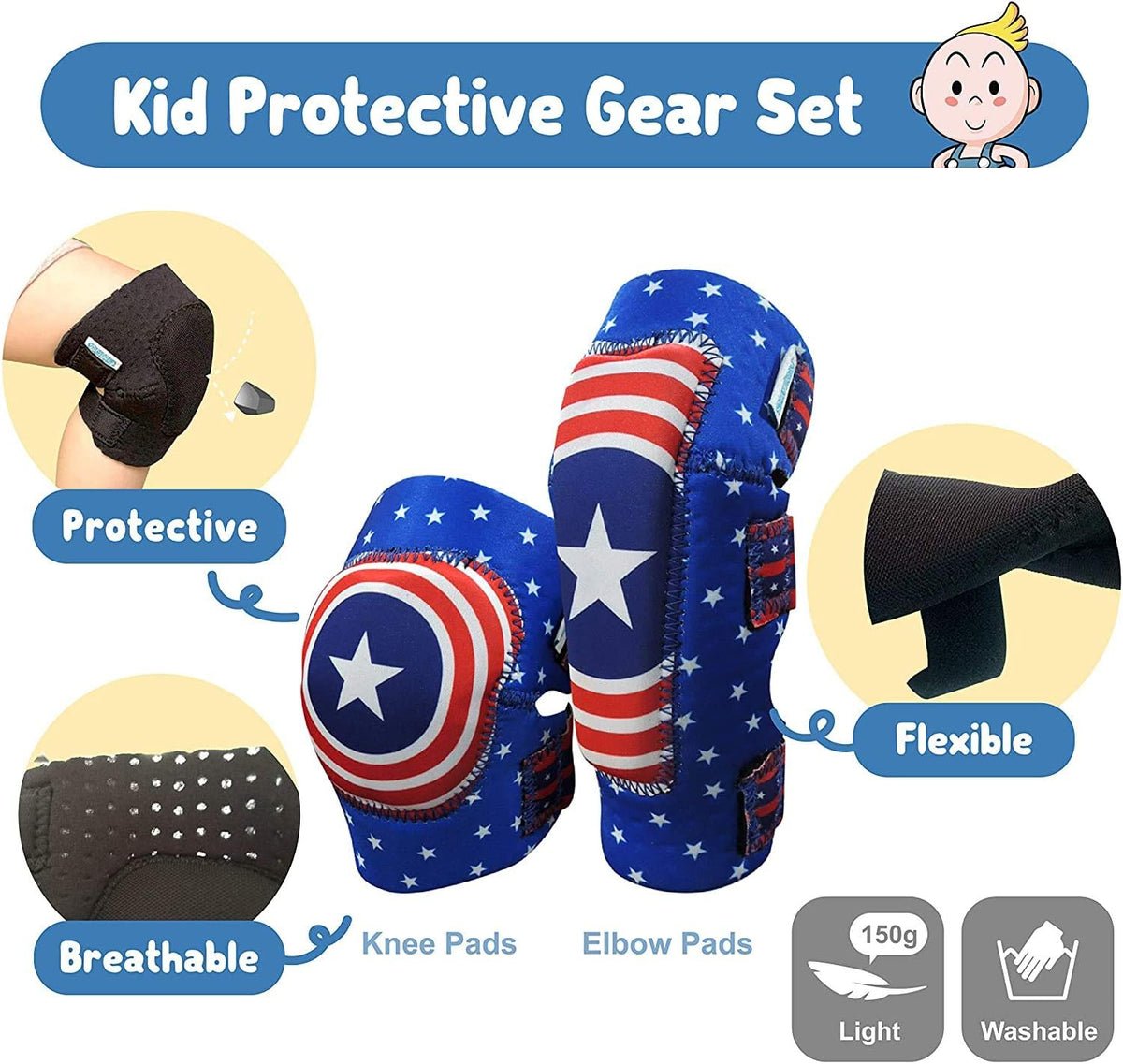 Soft-Style Kids Knee and Elbow Pads with Bike Gloves - Small / Captain USA - image 3
