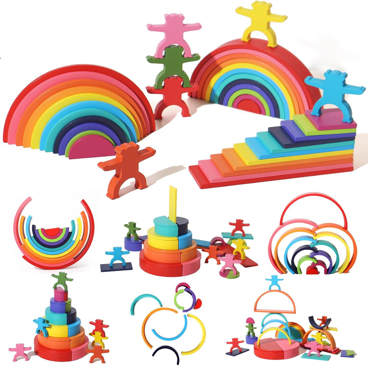 Dinhon wooden rainbow stacking toy with rainbow arches, semi-circle and rectangle blocks and six woo - view 2