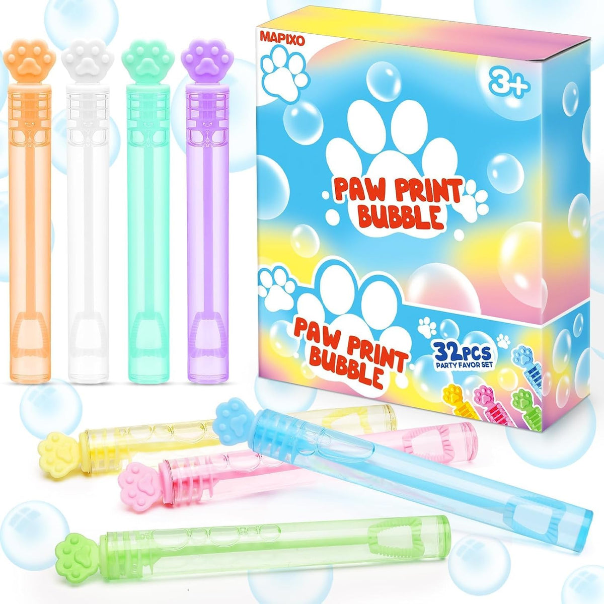 MAPIXO paw print mini bubble wands, 32 bottles in 8 colors in a display box - view 4