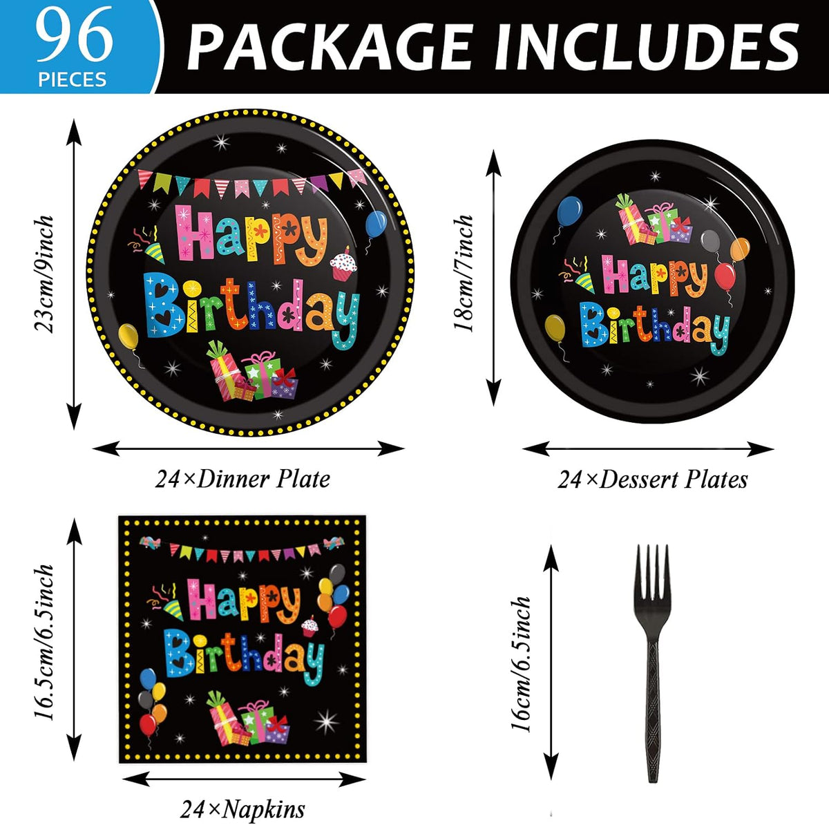 Tevxj navy blue and silver happy birthday tableware set with plates, napkins and forks for 24 - view 29
