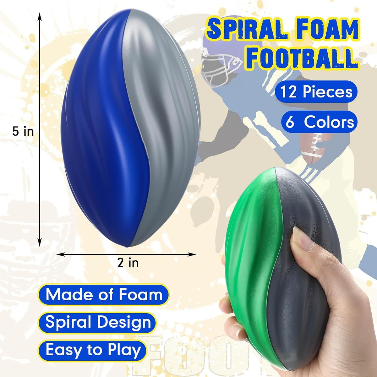 Jerify mini foam footballs for kids, 12 soft 5 inch spiral balls in 6 two-tone colors - view 24