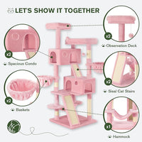 MUTICOR 66 Inches Multi-Level Large Cat Tree Tower for Indoor Big Feline/Cozy Plush Perches/Condo/Sisal Scratching Posts/Hammock and Baskets/Activity Center Play House/Wide Base/Pink