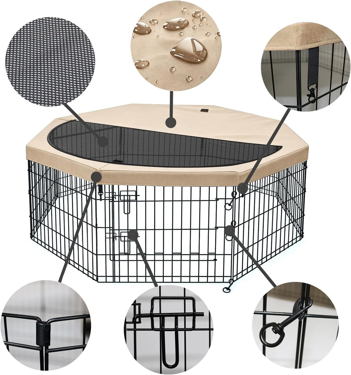 Foldable Metal Dog Exercise Pen/Pet Puppy Playpen Kennels Yard Fence - Tan / 30''H / Playpen+Top Cover - image 2