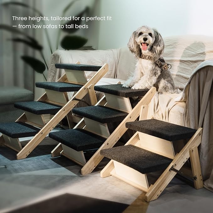 MEWANG Wood Pet Stairs & Ramp for Small/Medium Dogs and Cats, Aging Pets – 3-in-1 Foldable, Portable, Non-Slip Pet Ladder for Tall Beds, Couches,Cars–Holds Up to 220 lbs (17.3" L x 17.2" W x 13.0" H)