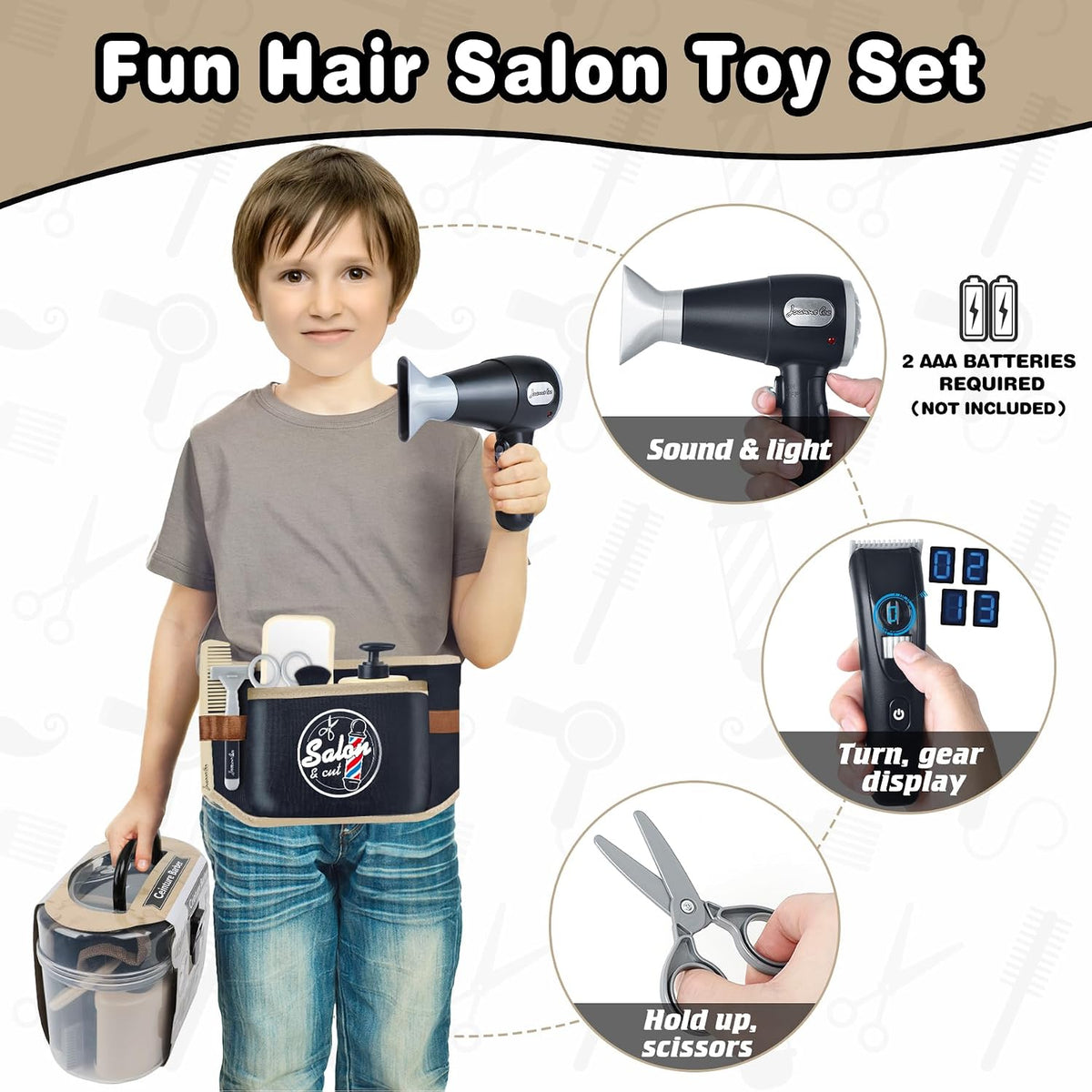 WishaLife kids barber shop pretend play set in black with toolbelt, shaver, scissors and hairdryer - view 4