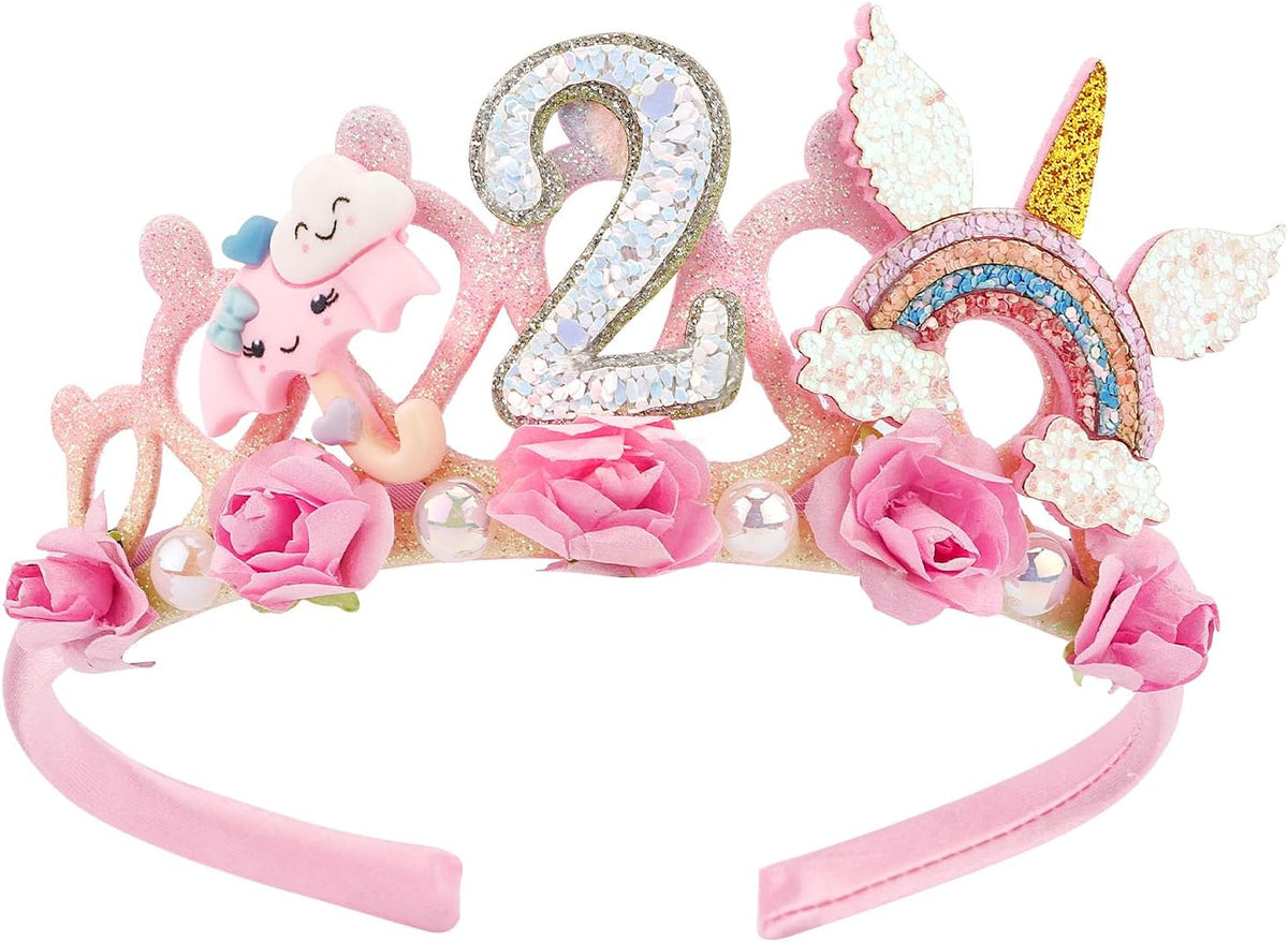 SuPoo 4th Birthday Headband Flower Crown for Girls Princess Tiara 4th - Pink-2nd