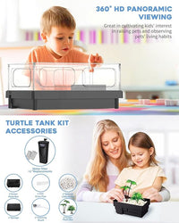 Small Turtle Tank, Aquarium, Acrylic Terrarium with Basking Platform, Bottom Drainage, Multi-Function Areas for Turtles, Crabs, Crayfish, Reptiles.(Black+Filter)