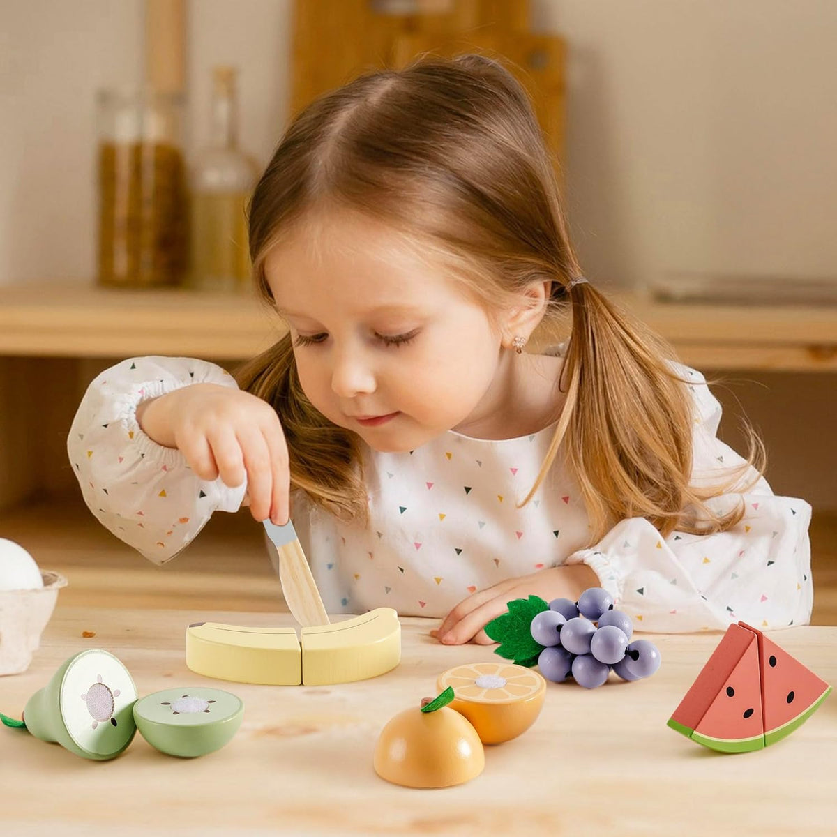 ROBOTIME wooden play food cutting fruit set with storage shopping bag - view 18