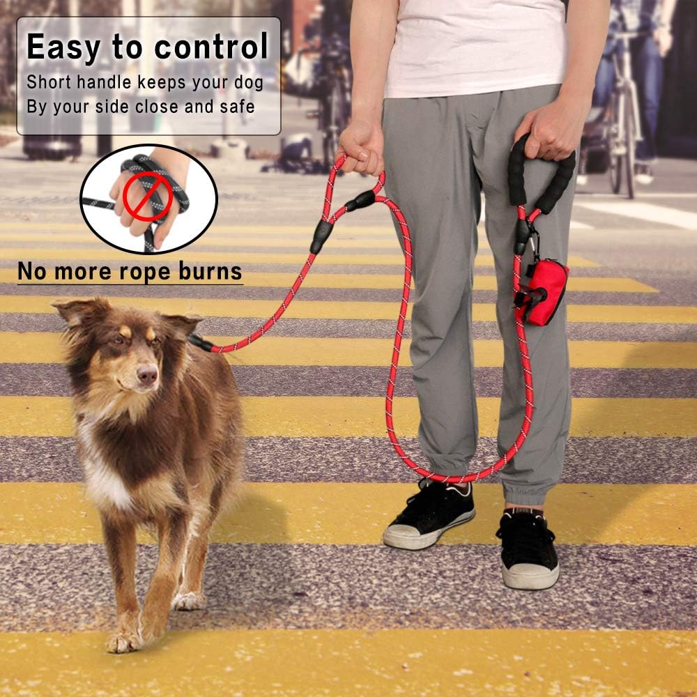 Plutus Pet Rope Dog Leash with Double Handles, Reflective - Red