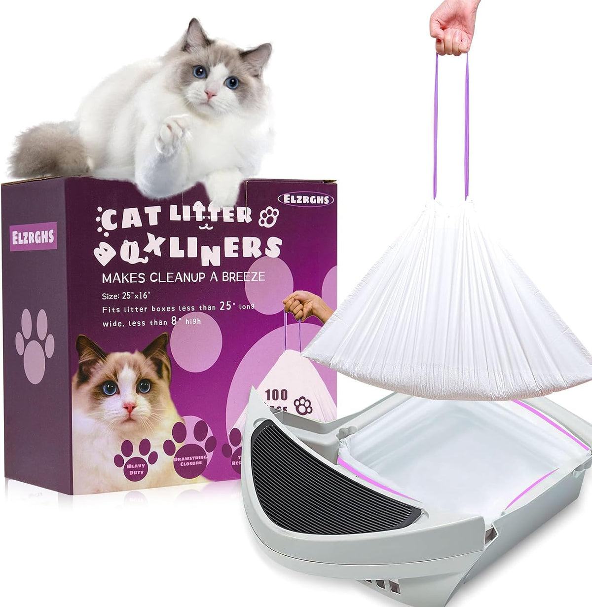 Elzrghs 100 Pack Drawstring Cat Litter Box Liners Compatible