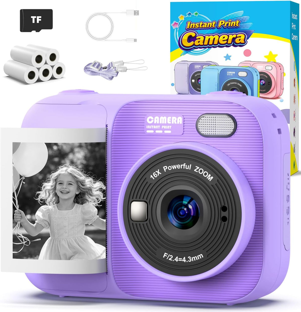 Kids Instant Print Camera with 5 Rolls Print Paper - Purple