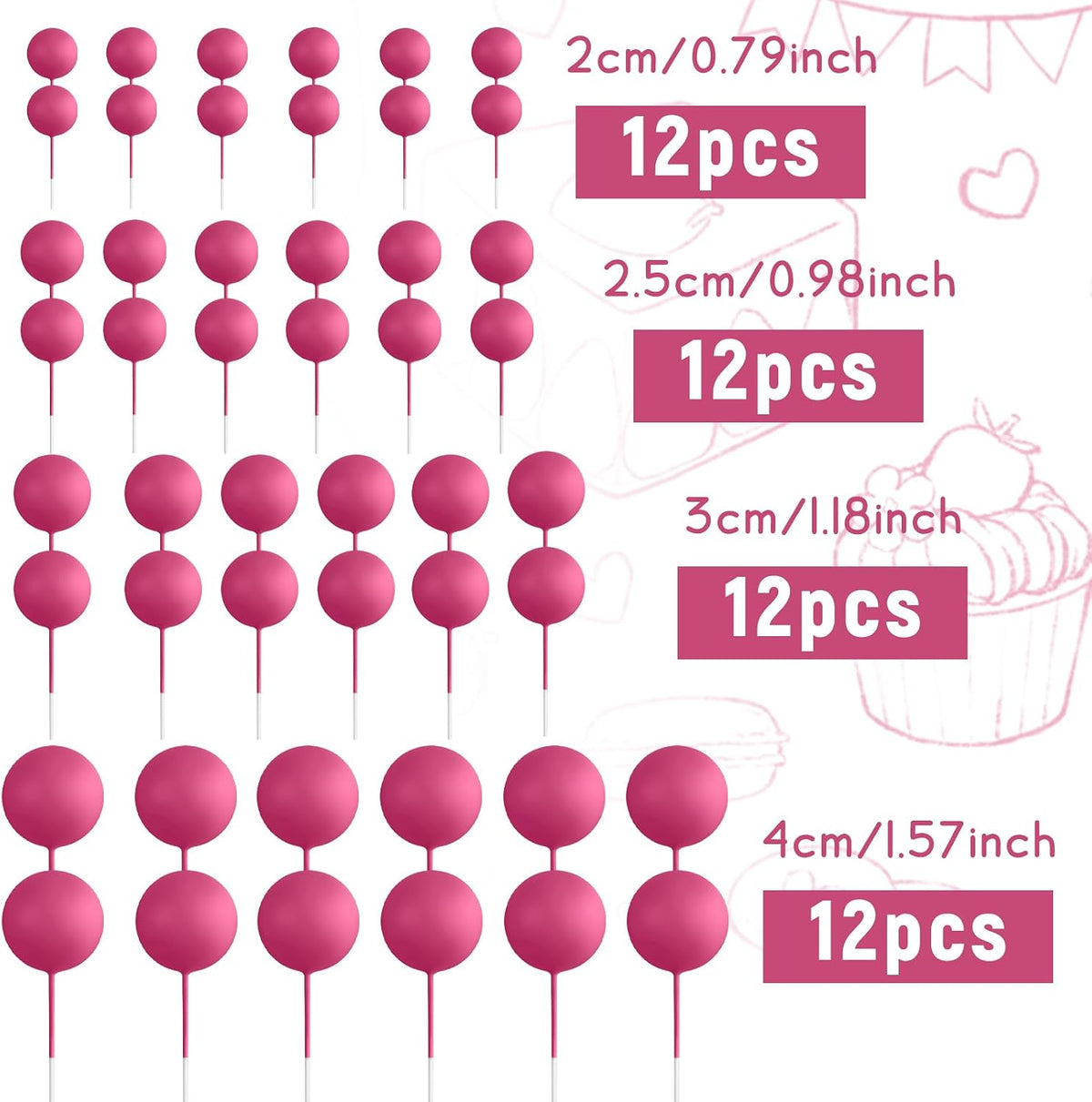 48 Pcs Balls Cake Topper Decorations Balloon Cupcake Toppers Foam - B07-hot Pink - image 2
