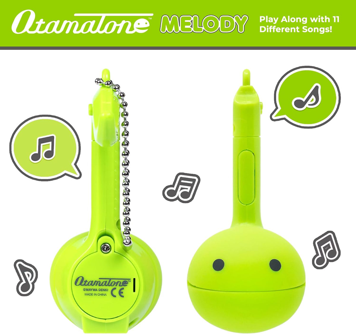Otamatone Melody musical electronic instrument toy keychain in lime green note shape - view 7