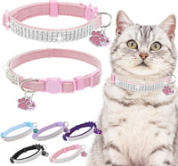 2 Pack Soft Velvet Safe Bling Diamond Cat Collars with Bells – Essentials for Cats - Pink / 9"-12" Cats / Mini Dogs