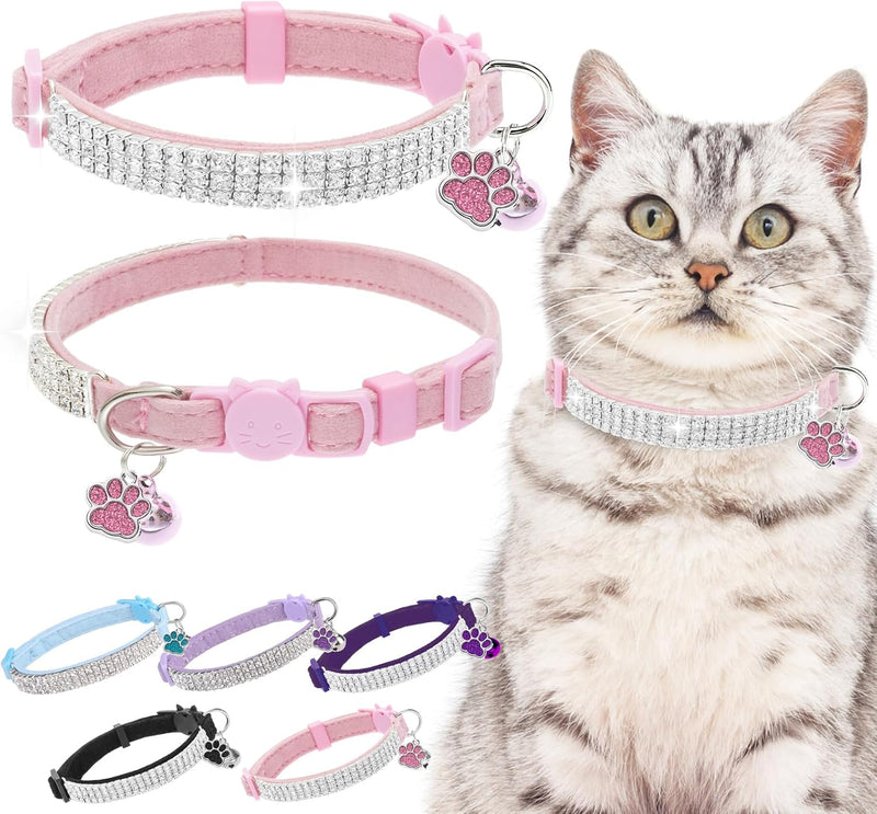 2 Pack Soft Velvet Safe Bling Diamond Cat Collars with Bells – Essentials for Cats - Pink / 9"-12" Cats / Mini Dogs
