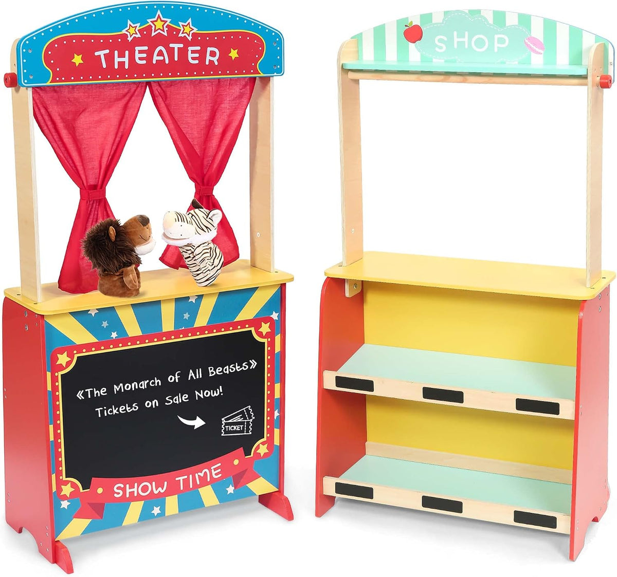 Rundad wooden puppet theater with plush curtains, chalkboard and lion and tiger hand puppets