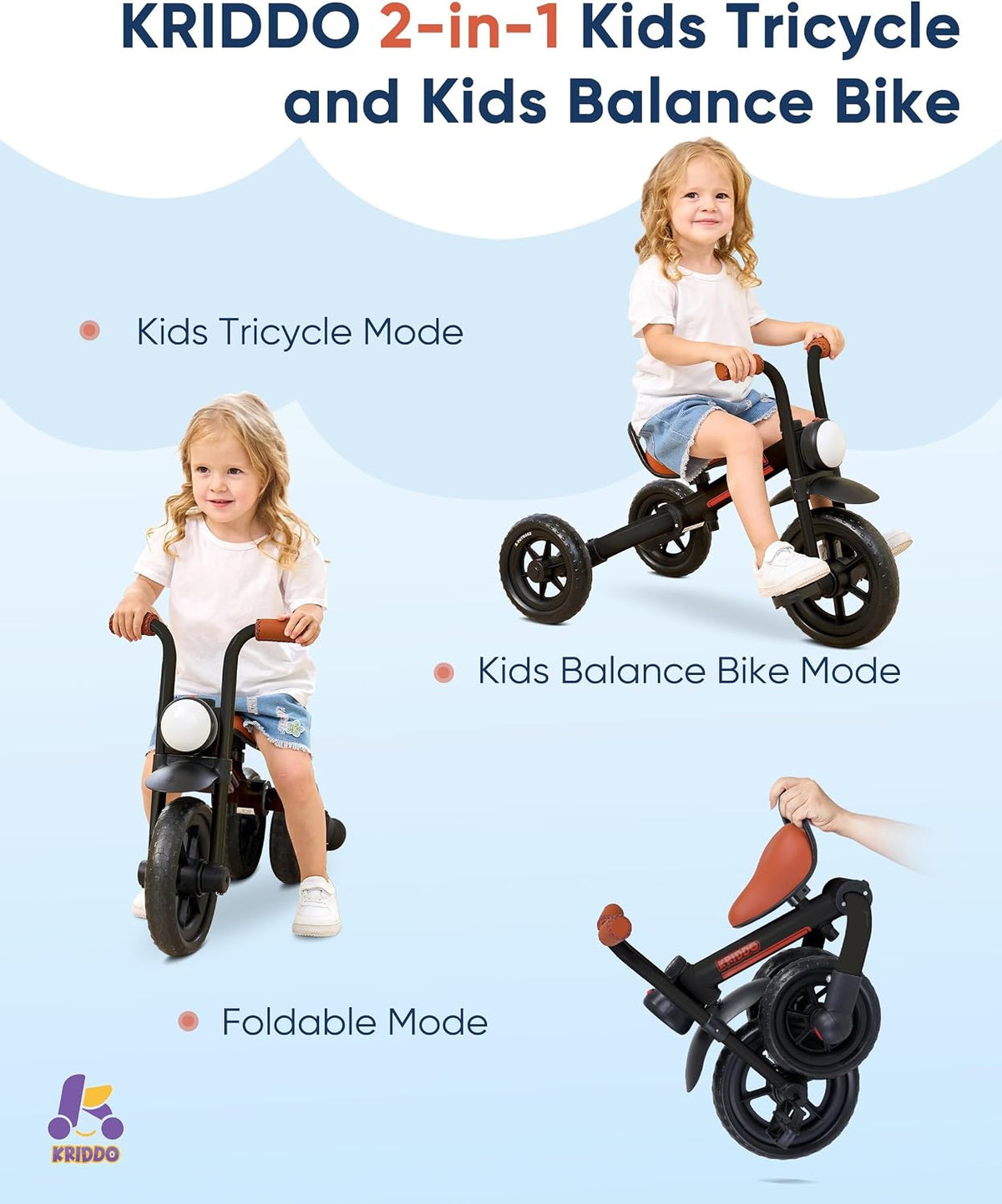 KRIDDO 2-in-1 Foldable Balance Bike and Toddler Tricycle for 2 to 5 - Black - image 2