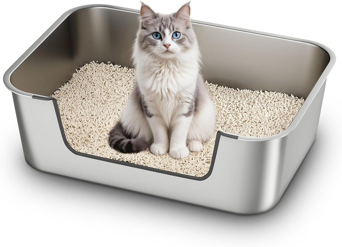 Stainless Steel Cat Litter Box with Low Entry - Silver / 23.4"L x 15.6"W x 7.8"H