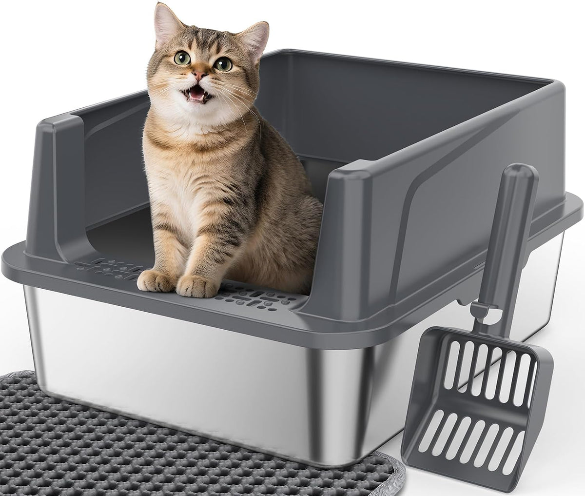 FURTIME Stainless Steel Cat Litter Box - Grey / Small