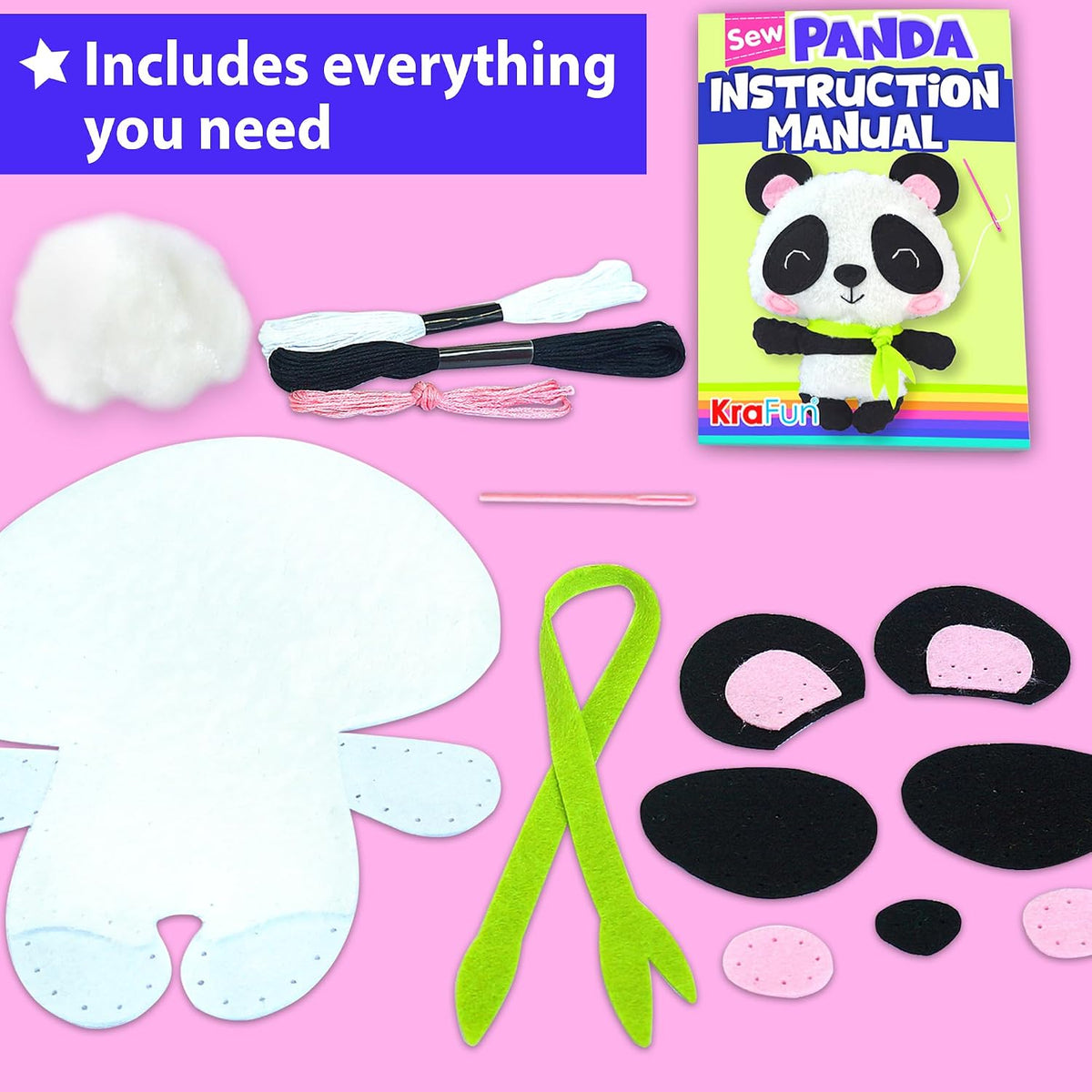 KRAFUN Beginner Sewing Kit, Sew Kitten & Mouse, Pre-Cut Felt - Panda - image 3
