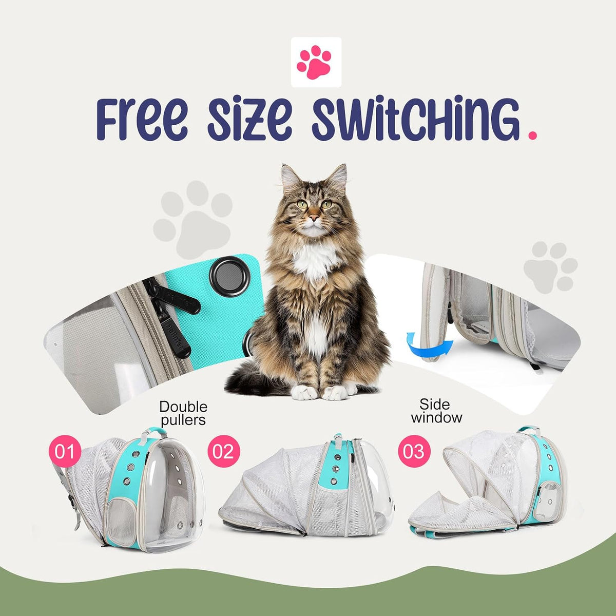 Dual Expandable Large Cat Backpack Carrier – Essentials for Cats - Green / Clear Window - image 3