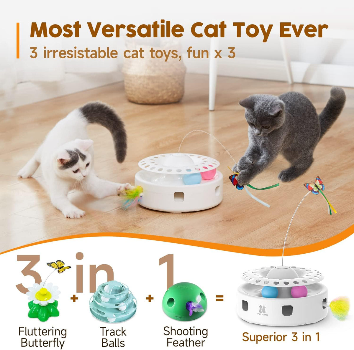 Potaroma Cat Toys 3in1 Automatic Interactive Kitten Toy - White - image 2