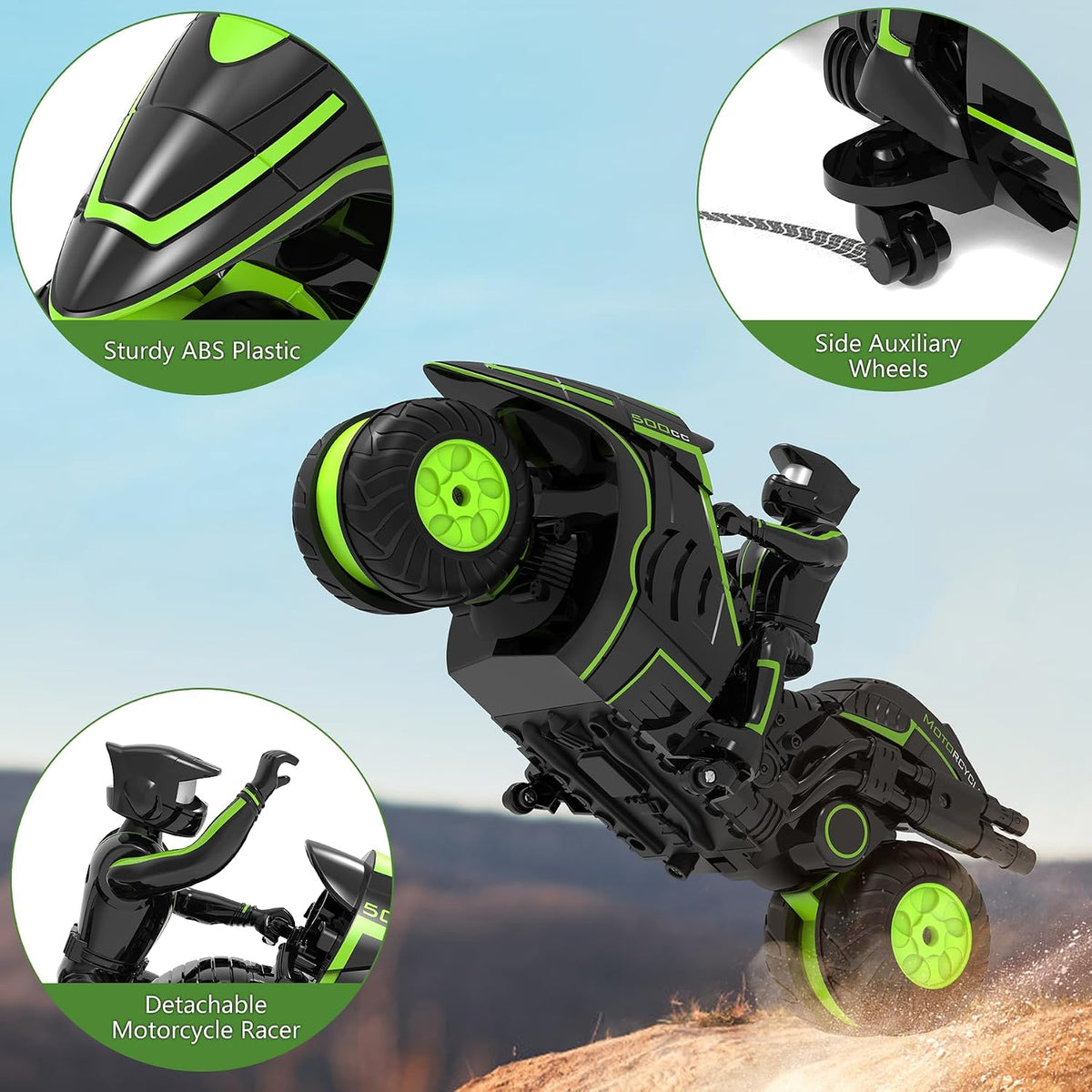 Eulogia remote control motorcycle with glowing RGB wheels, detachable rider and side wheels - view 6