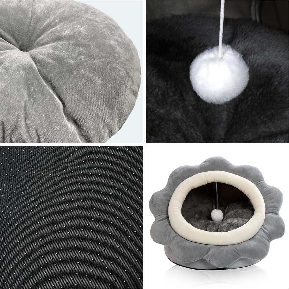 Cat Beds for Indoor Cats-Rabbit-Shaped Cat Cave Bed with Hanging Toy - Sunflower Gray / Sunflower / L - image 3