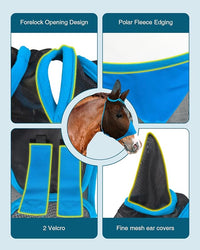 Hilltown Adjustable Fly Mask for Horse with Ears - UV-Block, Large Eye Space, Breathable, Built to Last, Comfort Fit - Horse Fly Mask for Daily Stable, Hot Weather Riding & Competition - Full, Blue